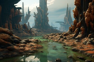 3D alien planet scenery. Generative AI