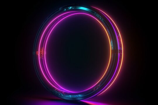 Abstract round frame with ultraviolet light, 80's retro style, and beautiful neon colors. Generative AI