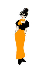 Beautiful young woman in a long orange dress. Vector falls fashion