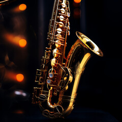 Obraz premium Closeup of a golden saxophone with dark background