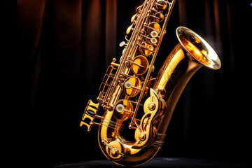Naklejka premium Closeup of a golden saxophone with dark background