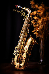 Closeup of a golden saxophone with dark background
