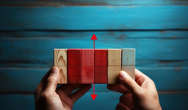Alternative risk and strategy in business to ensure growth, image of a businessman's hand creating a hierarchy of stacking wooden blocks for growth to lay the foundation and development for success.
