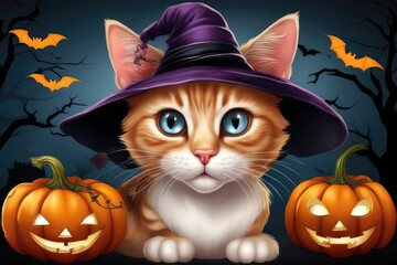 halloween background with pumpkins, cat and bats