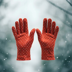 Warm gloves, red, polka dot patterned, snowy cold green blue blurred background, winter holidays activity idea.