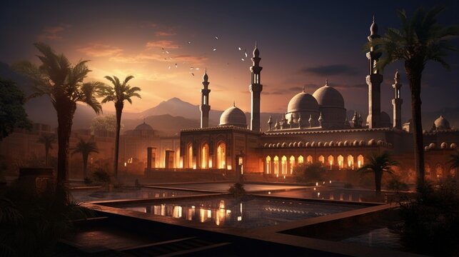 an image that captures the tranquil and elegant essence of Sultan Hassan's Mosque-Madrasa at twilight