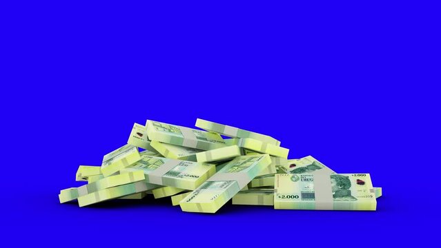 3d animation of stacks of 2000 Uruguayan peso notes falling on blue screen floor. You can Key out or remove background to replace with a custom one. 3d rendering