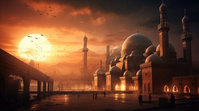 an image that captures the elegance and grace of the Mosque-Madrasa of Sultan Hassan at the Cairo Citadel during sunset