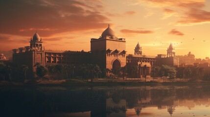 an image that celebrates the harmonious blend of simplicity and grandeur in Sultan Hassan's architectural gem at sunset