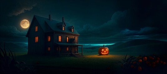 Halloween concept landscape art image. Decorated pumpkins on the hill, spooky house, mist, full moon