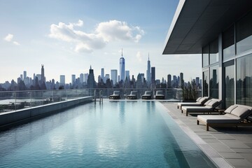 Luxurious rooftop pool with breathtaking New York City skyline. Generative AI