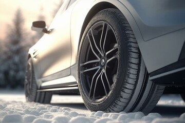 Car wheel on snowy road. 3D winter tire concept. Generative AI
