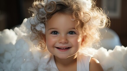 Fototapeta premium Cute smiling toddler in bath foam. bathing baby's hair without tears. Curly-haired kid laughing and funny, close-up shot 