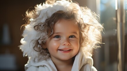 Fototapeta premium Cute smiling toddler in bath foam. bathing baby's hair without tears. Curly-haired kid laughing and funny, close-up shot 