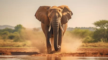 Fotobehang An African elephant walks swinging its trunk and spouting water under the hot sun © MBRAMO