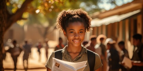 African girl with textbooks, first day of school. Generative AI