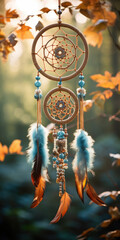 Dreamcatcher in the autumn forest, ethnic amulet, symbol. Generative AI