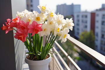 daffodils in pots on balcony