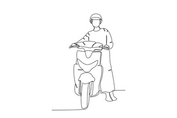 A woman standing holding a vehicle. Motorcycle one-line drawing