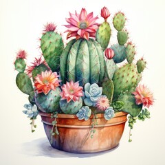 many blooming cacti in clay pot on a white background. Watercolor. Generative AI
