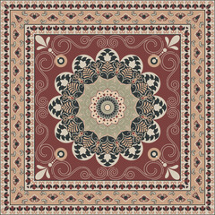 Ethnic square rug with flower mandala in warm tones. Indian, aztec, mexican motives.Bandana print.