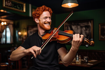 A happy young man with red hair and a beard, playing violin in a dimly lit bar - Powered by Adobe