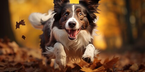 border collie dogs in a jump in the autumn forest. Generative AI