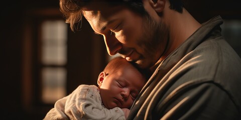 father holds his newborn son in his arms standing at the window. Generative AI