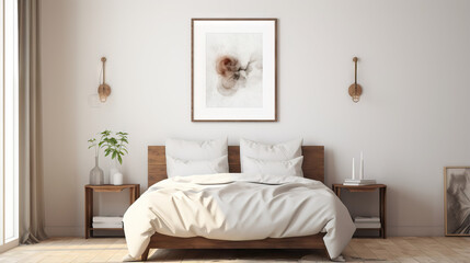 Fototapeta premium Minimalist bedroom interior with a white frame mockup on the wall, Generative AI
