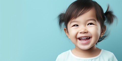 Little cute asian baby blue background. Place for text. Generative AI
