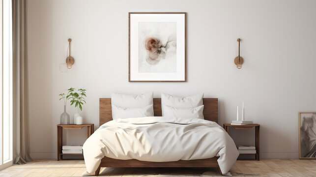 Minimalist bedroom interior with a white frame mockup on the wall, Generative AI