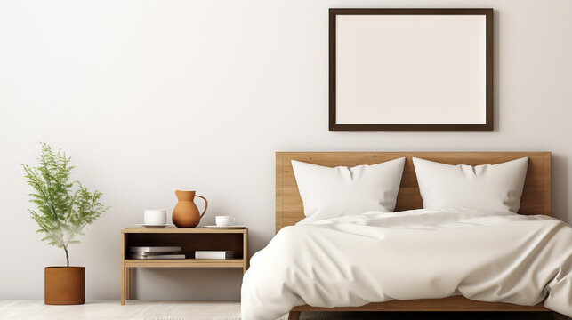 Minimalist bedroom interior with a white frame mockup on the wall, Generative AI
