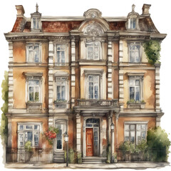 Fototapeta premium Historical Townhouse House Architecture - Watercolor Painting Drawing - Generative AI
