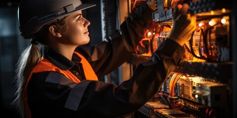 Female electrician in protective clothing performs work. Generative AI