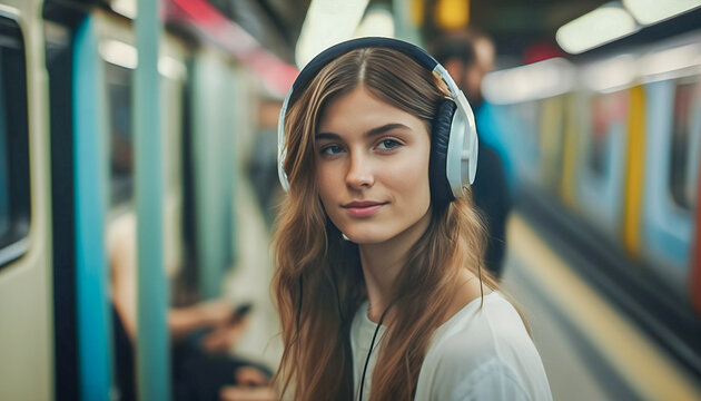 Young girl listening to music in a city metro. Commuter traveling to the bus station. Travel concept
