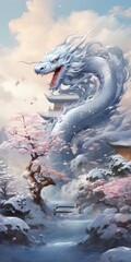 Obraz premium An illustration of a huge dragon in an old Asian city. Generative AI