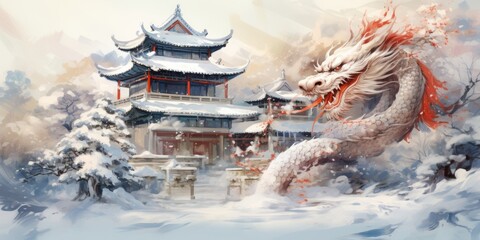 Illustration of a winter landscape and dragon over the old town. Generative AI