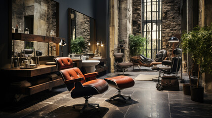Interior of a barber shop with red leather armchairs and chairs.