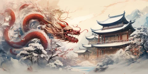  Illustration of a winter landscape and dragon over the old town. Generative AI © 22_monkeyzzz