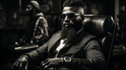 Handsome rich bearded african american man sitting in black armchair at barbershop.