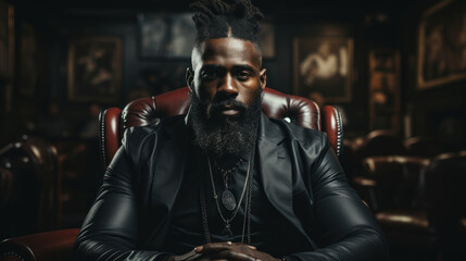 Fototapeta na wymiar Portrait of a bearded African American man in black leather jacket.