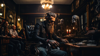Tattooed bearded man in leather jacket and glasses sitting in a barbershop.