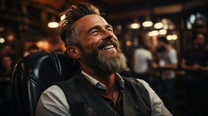 Portrait of a handsome mature man with gray hair and beard smiling while sitting in barbershop.