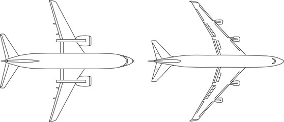 Vector sketch illustration of the design of a passenger aircraft flying vehicle seen from above for completeness of the image