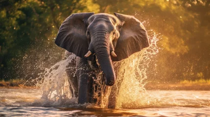 Fotobehang An elephant is enjoying bathing with its trunk spouting water © MBRAMO