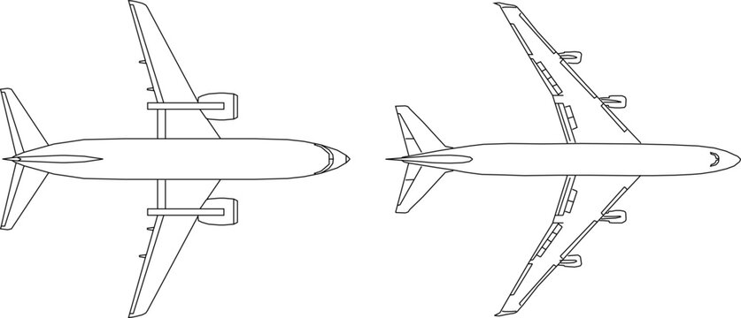 Vector sketch illustration of the design of a passenger aircraft flying vehicle seen from above for completeness of the image