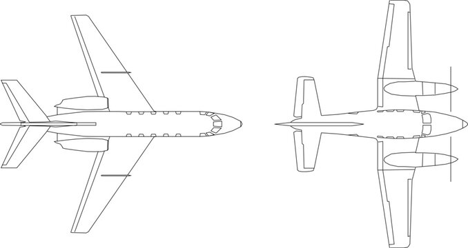 Vector sketch illustration of the design of a passenger aircraft flying vehicle seen from above for completeness of the image