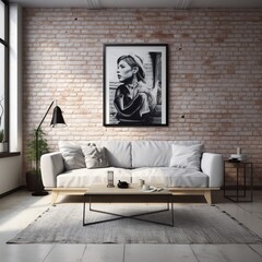 Contemporary couch in a Scandinavian-themed living space with a brick wall