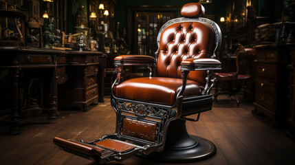 Brown leather barber chair in a barbershop. Luxury barbershop.