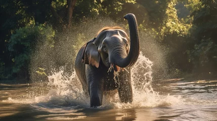 Foto op Canvas An elephant is enjoying bathing with its trunk spouting water © MBRAMO